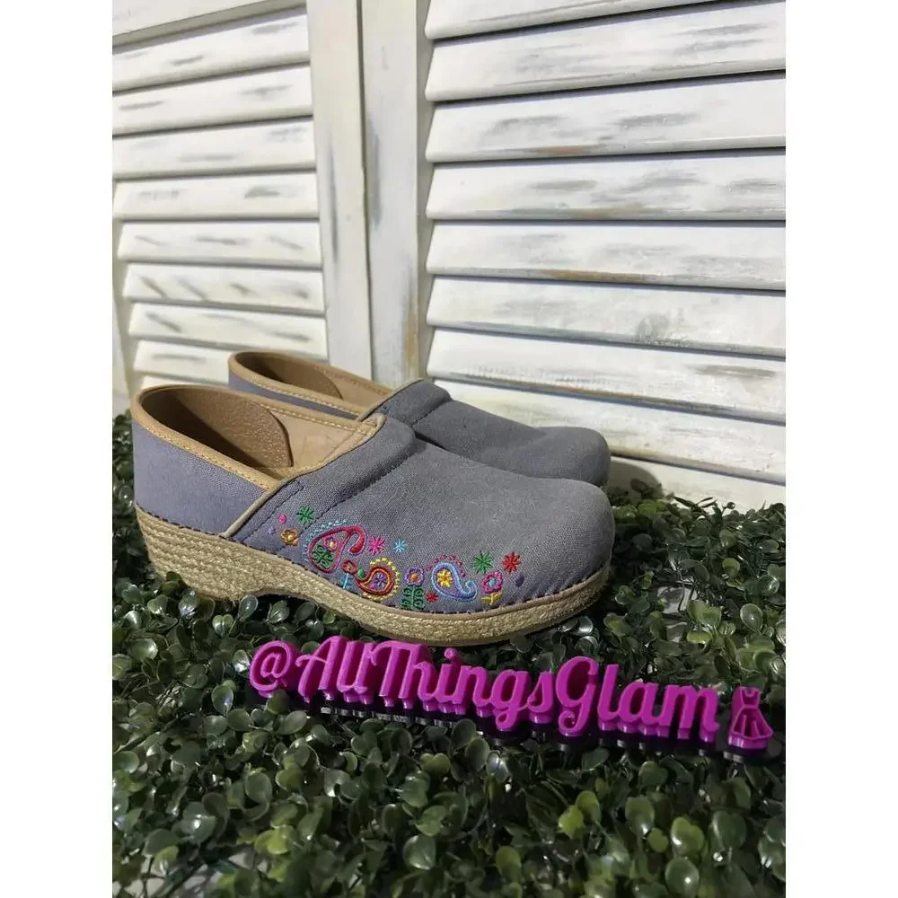 Dansko Vegan blue Slip-On Wedge Clogs Embroidered Floral 10 - Picture 2 of 8